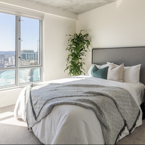 Nob Hill, San Francisco, CA, Apartments - Etta Apartments - Bedroom with Plush Carpeting, Oversized Windows, and a Desk Area
