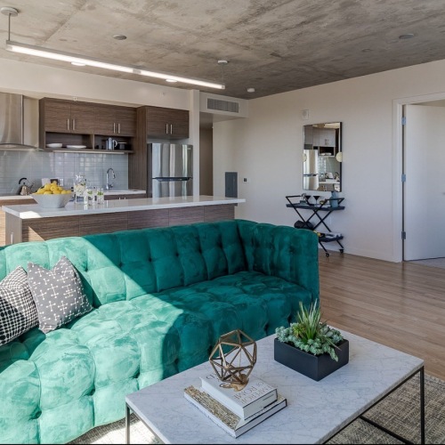 large room with blue couch 