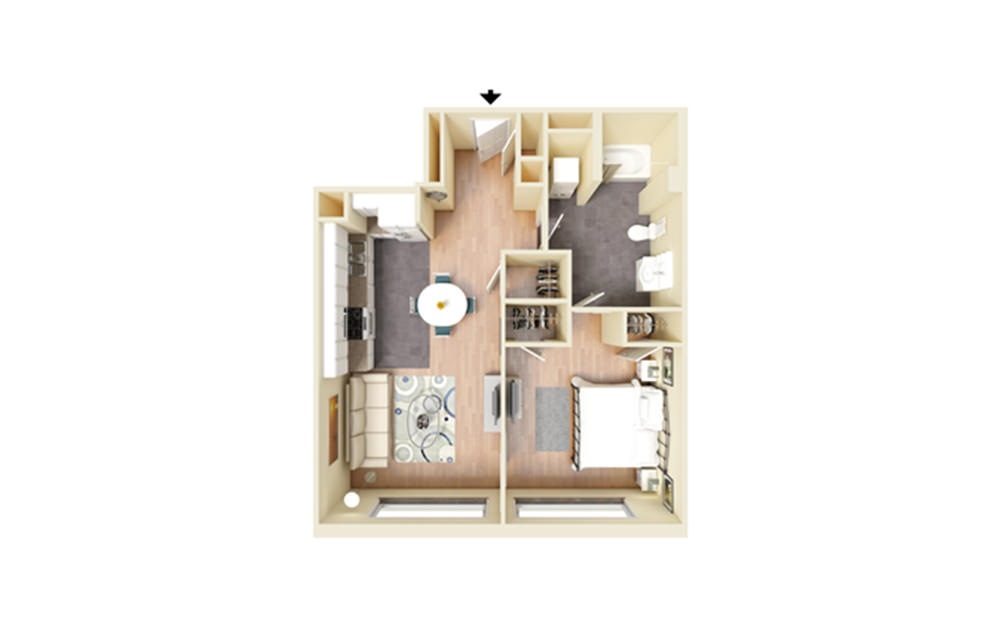 D - 1 bedroom floorplan layout with 1 bath and 706 square feet.