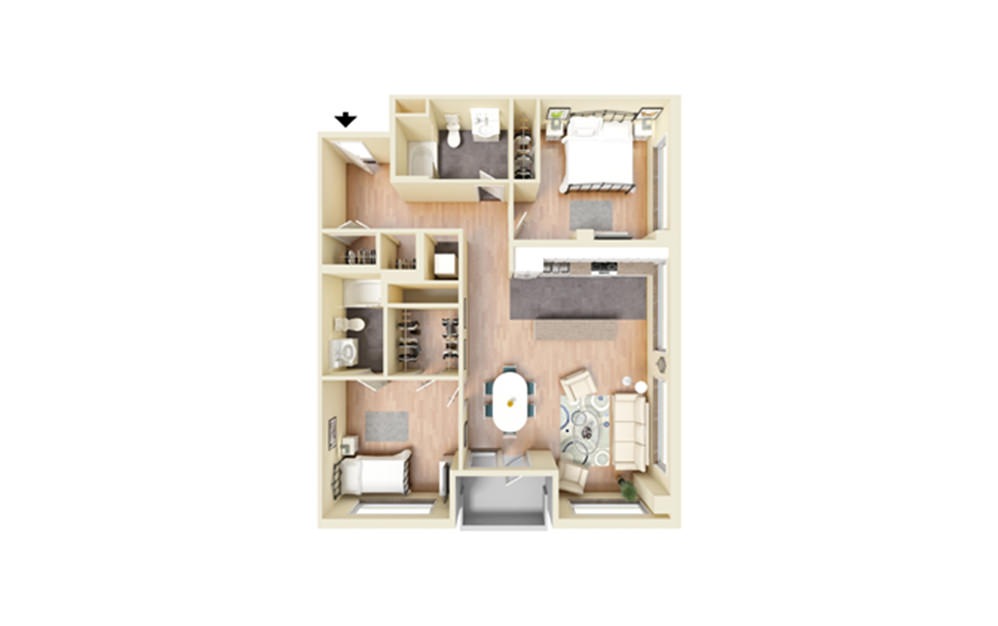 K - 2 bedroom floorplan layout with 2 baths and 1112 square feet.