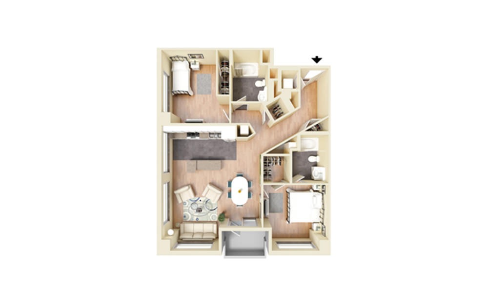 J - 2 bedroom floorplan layout with 2 baths and 1100 square feet.