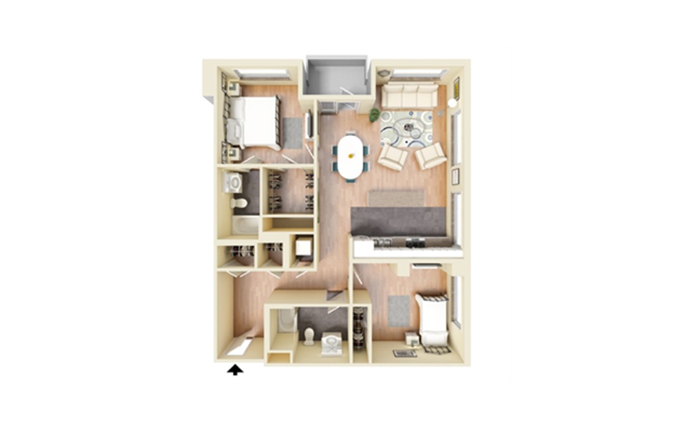 M - 2 bedroom floorplan layout with 2 baths and 1137 square feet.